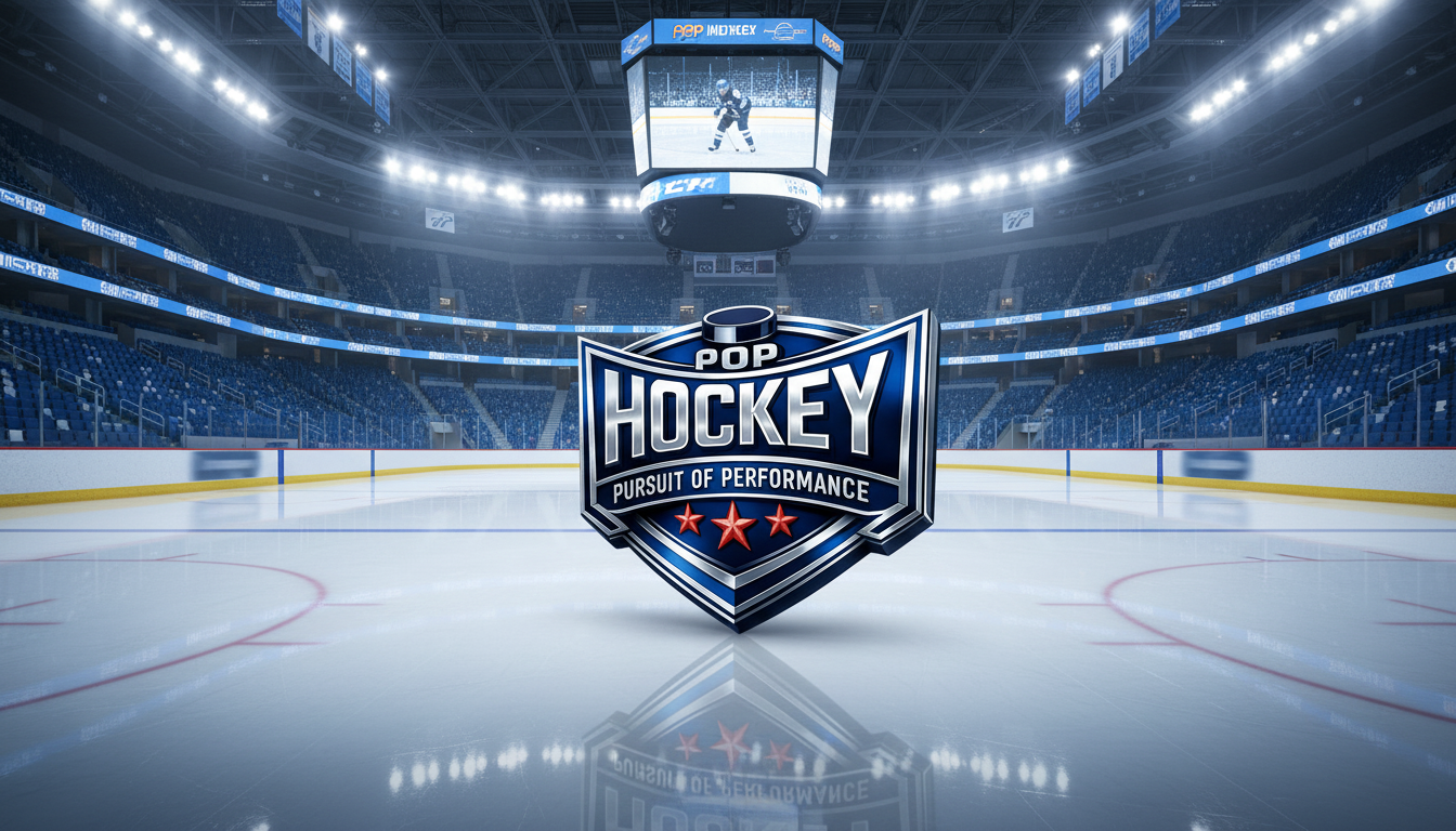 Create a hero header image with a hockey arena as the background and prominently incorporate the uploaded logo titled '3d-image-pop-hockey-new-logo-2026.png'. The logo should be the focal point on the ice or in the arena, blending seamlessly with the scene for a professional look.