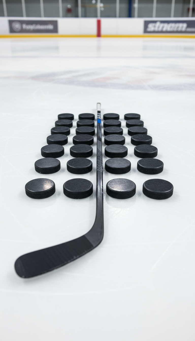 A meticulously arranged set of pristine hockey pucks and a professional-grade composite ice hockey stick with a matte black finish, positioned neatly atop a flawless, freshly resurfaced ice rink. The boards in the background feature clean, neutral tones and faint reflective lines, complementing the overall business-like environment. Soft, diffused overhead arena lighting creates gentle highlights on the stick’s shaft and subtle glinting along the pucks’ edges, casting crisp, structured shadows onto the smooth ice. Captured from a slightly elevated angle with sharp focus throughout, the image embodies a calm, focused, and highly professional mood. The composition exhibits precise balance and clean lines, perfectly aligning with a corporate, photographic realism style suited for a hockey training business site.
