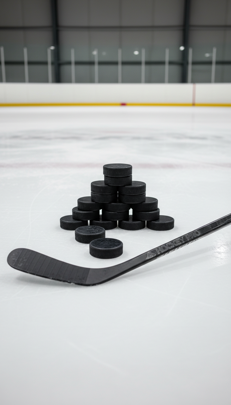 A meticulously arranged set of pristine hockey pucks and a professional-grade composite ice hockey stick with a matte black finish, positioned neatly atop a flawless, freshly resurfaced ice rink. The boards in the background feature clean, neutral tones and faint reflective lines, complementing the overall business-like environment. Soft, diffused overhead arena lighting creates gentle highlights on the stick’s shaft and subtle glinting along the pucks’ edges, casting crisp, structured shadows onto the smooth ice. Captured from a slightly elevated angle with sharp focus throughout, the image embodies a calm, focused, and highly professional mood. The composition exhibits precise balance and clean lines, perfectly aligning with a corporate, photographic realism style suited for a hockey training business site.