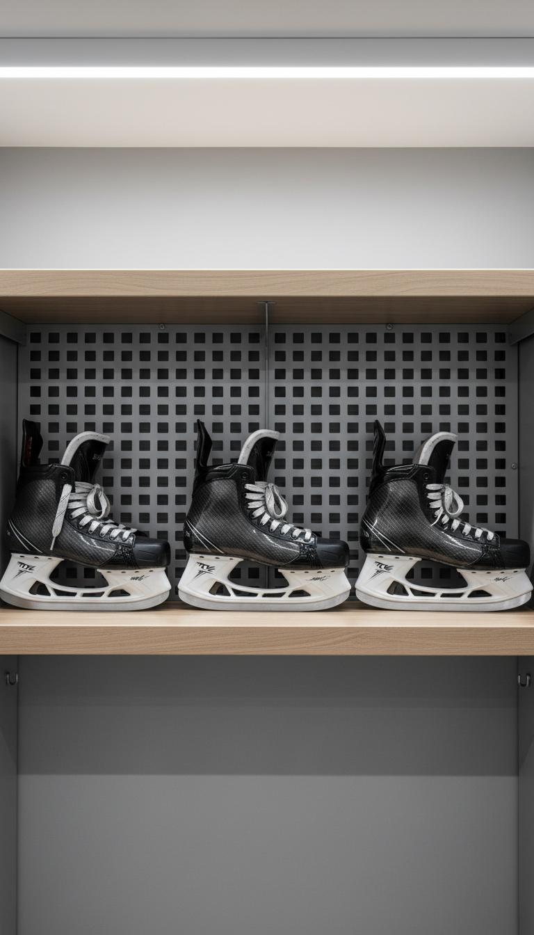 A close-up of an immaculately organized locker space displaying a row of modern, high-end hockey skates with carbon fiber detailing and sleek, neutral-toned laces, placed on polished wooden shelving. The environment features a backdrop of structured metallic grid panels and smooth, light grey walls, reinforcing a professional and clean look. Consistent white LED overhead lighting bathes the scene in even, gentle illumination, producing subtle shadows beneath each skate and crisp reflections on the polished wood. Shot from an eye-level, rule-of-thirds composition, the image conveys an atmosphere of order, preparation, and professionalism. The style is photographic with minimalist, corporate accents, perfectly complementing a site dedicated to expert hockey development.