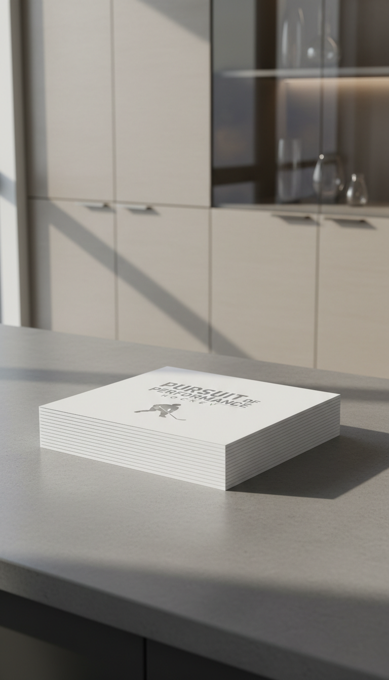 A precisely aligned stack of custom-branded hockey drill booklets, featuring crisp white covers printed with the Pursuit of Performance Hockey logo in subtle metallic silver foil. The booklets rest on a sleek concrete desk surface, with a background of smooth, neutral-toned office cabinetry and softly reflective glass décor. Gentle, indirect natural light from a side window casts subtle, elongated shadows and enhances the texture of the booklet embossing and the clean desk lines. Captured from a slightly oblique, eye-level angle with sharp focus on the booklet logos, the image exudes clarity, precision, and professionalism. Composition is structured and centered, emphasizing order and design while reinforcing the innovative, professional ethos of the hockey coaching brand.