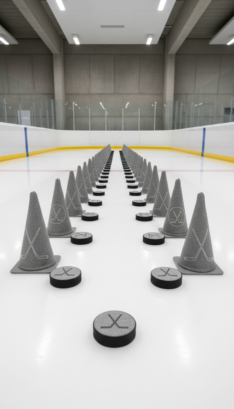 An array of premium, finely embroidered hockey training cones and pucks laid out on a pristine, glossy synthetic ice training lane, bordered by subtle glass barriers and neutral-toned dasher boards. The setting is an immaculate indoor training facility with unadorned, structured walls and clean architectural lines. Overhead diffuse lighting creates barely-there highlights and soft, precise shadows on the ice and training equipment. Captured from a gentle, wide-angle perspective to emphasize spaciousness and organization, the composition employs balanced symmetry and depth. The overall mood is disciplined, innovative, and purpose-driven, with a photographic realism that meshes seamlessly with a corporate, professional aesthetic.