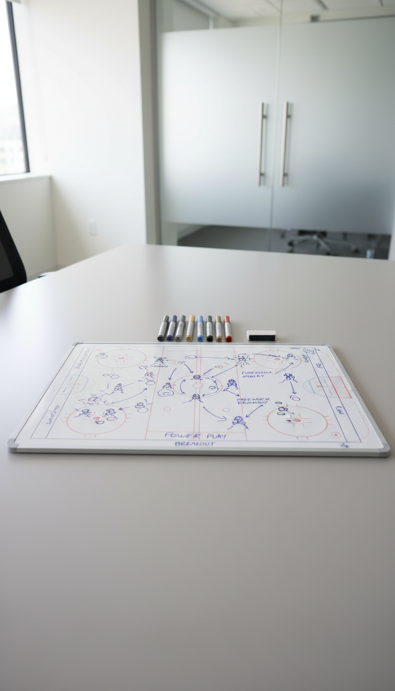 A detailed top-down view of a pristine whiteboard covered in dry-erase tactical hockey diagrams and symbols, sitting atop a smooth, light grey conference table. Assorted high-quality, neutral-toned dry-erase markers lay precisely beside the board, adding to the sense of order and intentional design. The environment is a modern, softly lit meeting room with clean walls and a faint hint of glass partitions in the distance. Neutral, diffused daylight from an unseen window creates an even distribution of light, eliminating harsh shadows and highlighting the crispness of lines and surfaces. The composition is tightly framed for focus and clarity, conveying strategy, professionalism, and structure in support of hockey skill development. The style is minimal, clean, and photographic, fitting seamlessly within a corporate training context.