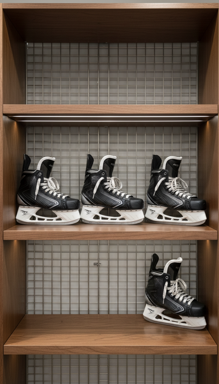 A close-up of an immaculately organized locker space displaying a row of modern, high-end hockey skates with carbon fiber detailing and sleek, neutral-toned laces, placed on polished wooden shelving. The environment features a backdrop of structured metallic grid panels and smooth, light grey walls, reinforcing a professional and clean look. Consistent white LED overhead lighting bathes the scene in even, gentle illumination, producing subtle shadows beneath each skate and crisp reflections on the polished wood. Shot from an eye-level, rule-of-thirds composition, the image conveys an atmosphere of order, preparation, and professionalism. The style is photographic with minimalist, corporate accents, perfectly complementing a site dedicated to expert hockey development.