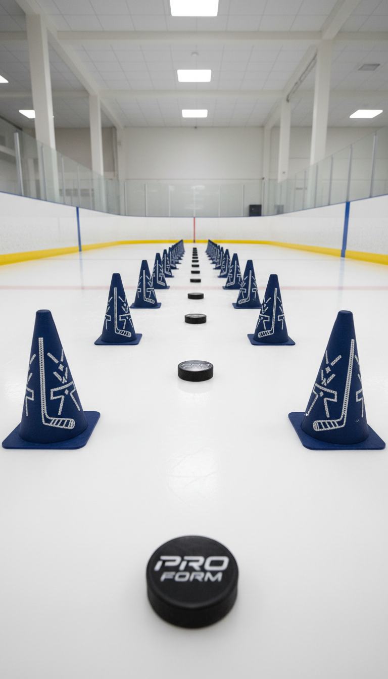 An array of premium, finely embroidered hockey training cones and pucks laid out on a pristine, glossy synthetic ice training lane, bordered by subtle glass barriers and neutral-toned dasher boards. The setting is an immaculate indoor training facility with unadorned, structured walls and clean architectural lines. Overhead diffuse lighting creates barely-there highlights and soft, precise shadows on the ice and training equipment. Captured from a gentle, wide-angle perspective to emphasize spaciousness and organization, the composition employs balanced symmetry and depth. The overall mood is disciplined, innovative, and purpose-driven, with a photographic realism that meshes seamlessly with a corporate, professional aesthetic.